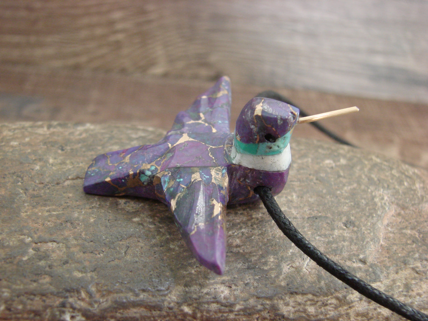 Purple Mohave Bronze Infused Turquoise Hummingbird Fetish Necklace - Mitchell