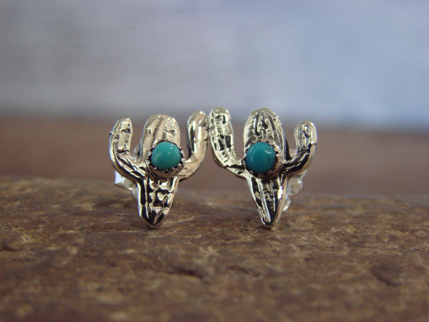 Native American Sterling Silver Turquoise Cactus Stud Post Earrings - Yazzie