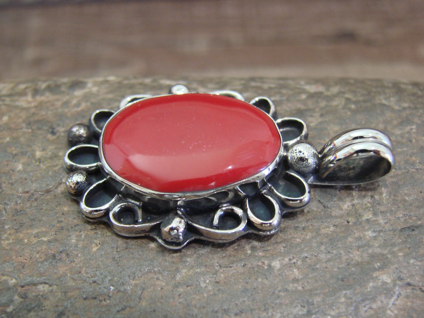 Native American Nickel Silver & Coral Pendant - Cleveland