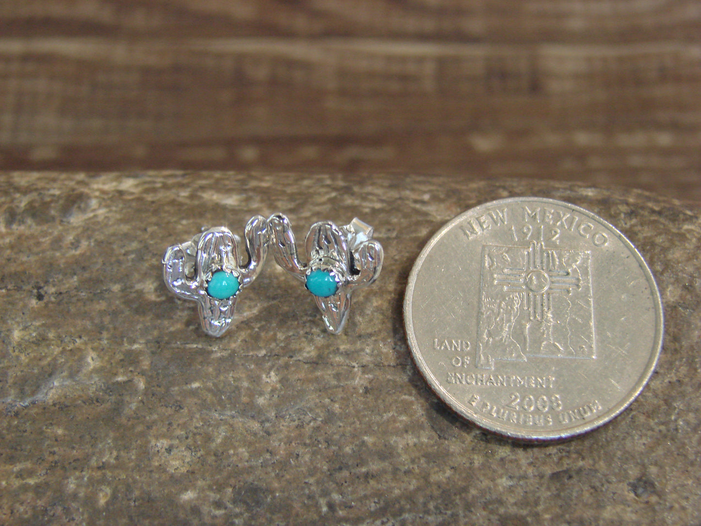 Native American Sterling Silver Turquoise Cactus Stud Post Earrings - Yazzie