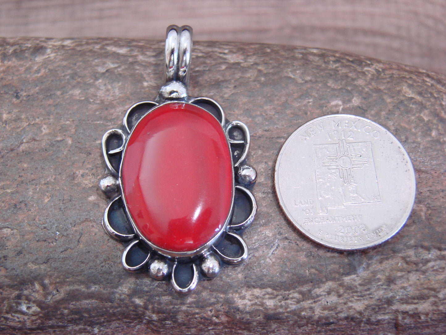 Native American Nickel Silver & Coral Pendant - Cleveland