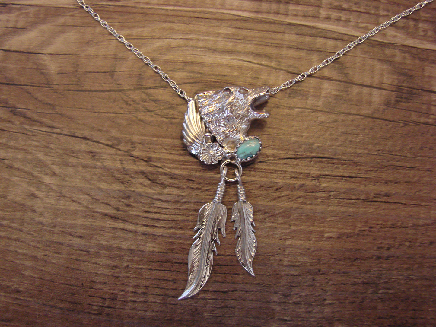 Native American Sterling Silver & Turquoise Wolf Necklace by Francisco