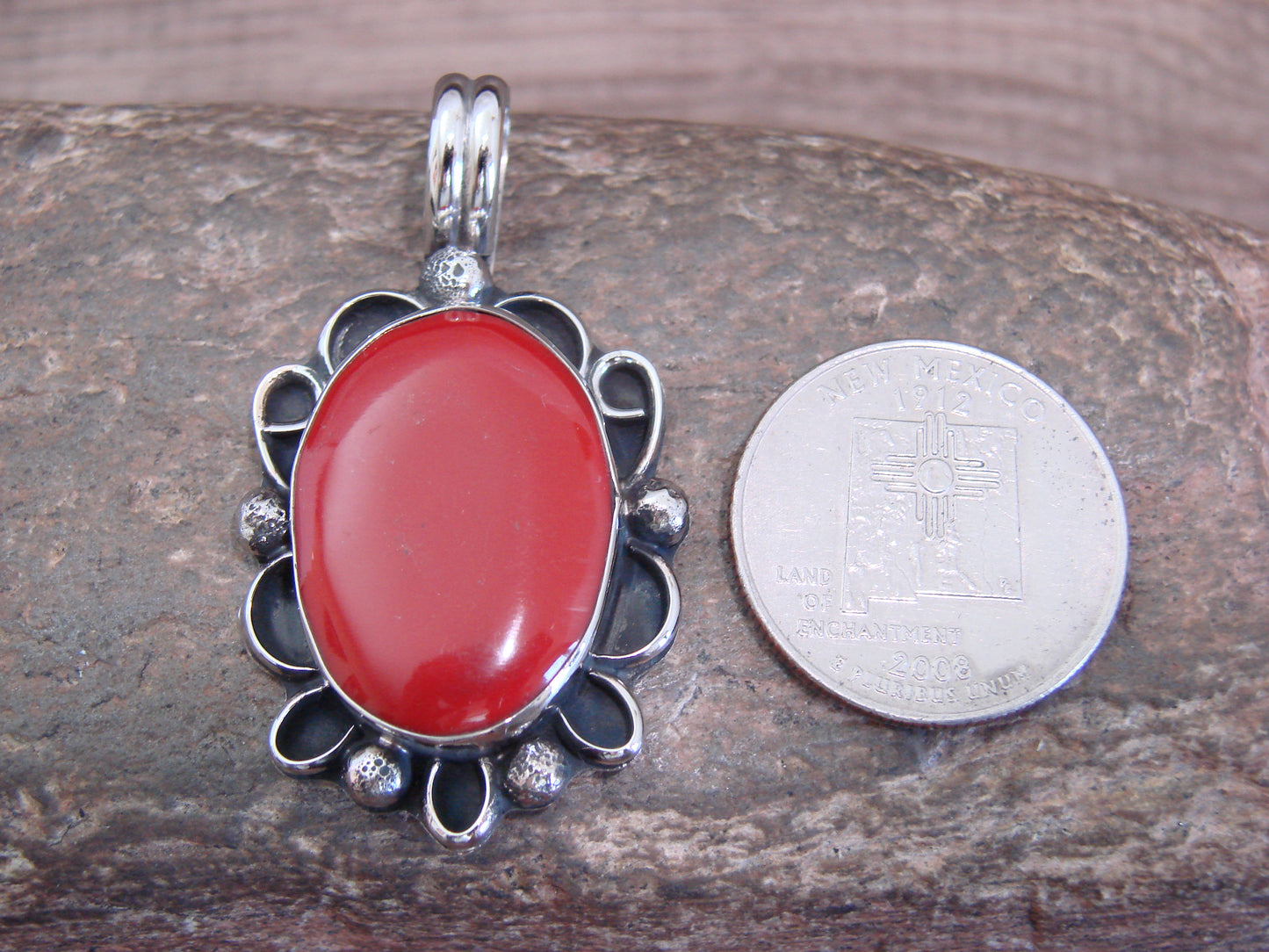 Native American Nickel Silver & Coral Pendant - Cleveland