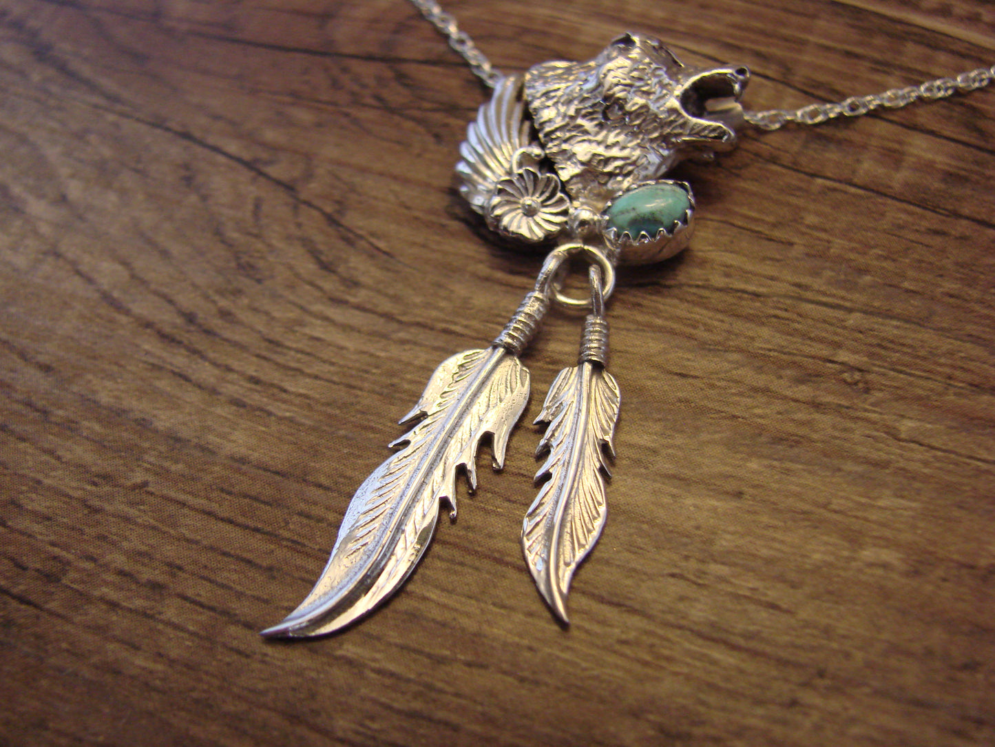 Native American Sterling Silver & Turquoise Wolf Necklace by Francisco