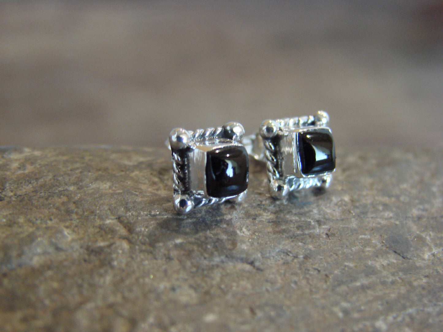 Native American Sterling Silver & Onyx Square Stud Post Earrings - Jack