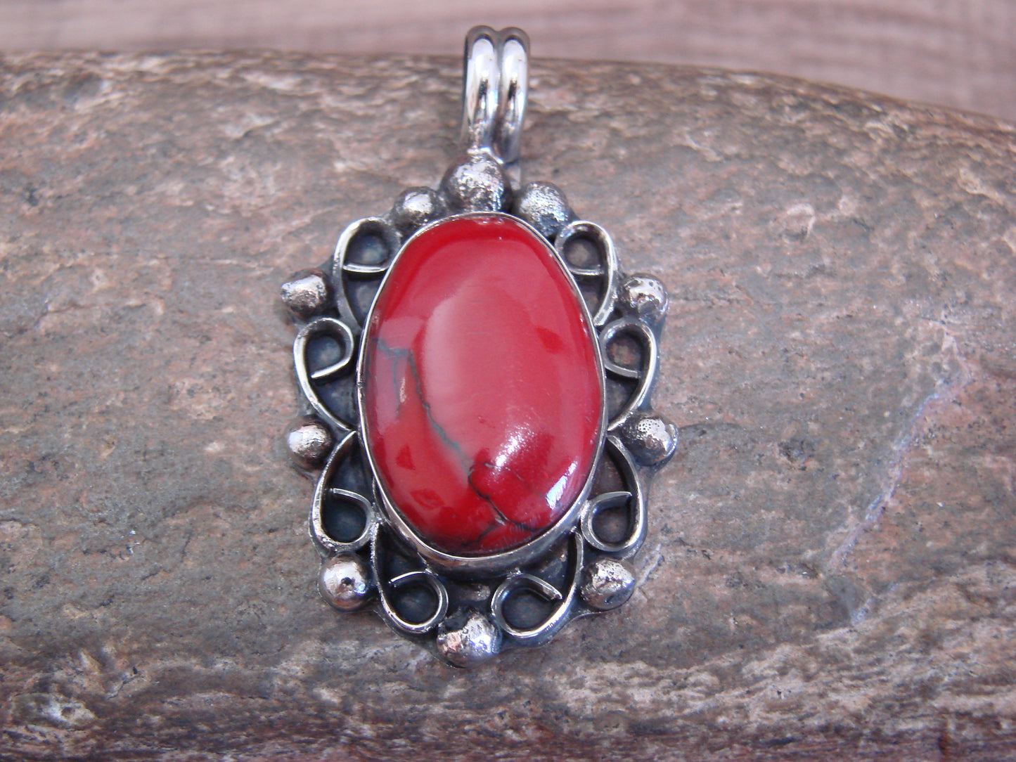 Native American Nickel Silver & Red Howlite Pendant - Cleveland