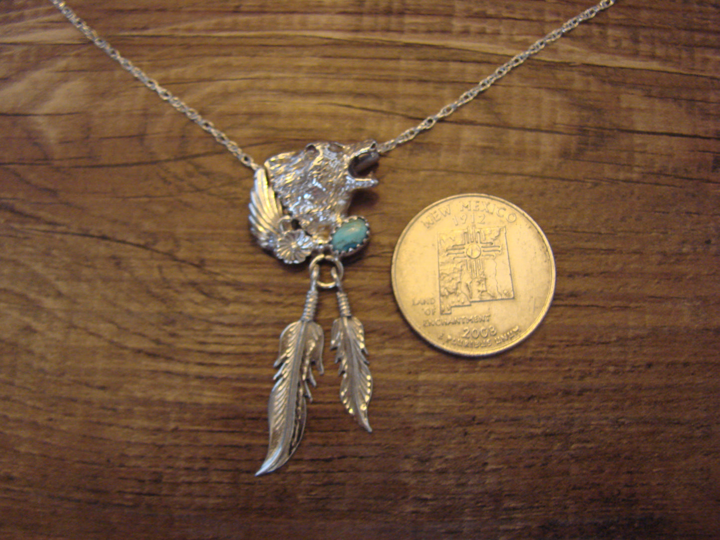 Native American Sterling Silver & Turquoise Wolf Necklace by Francisco