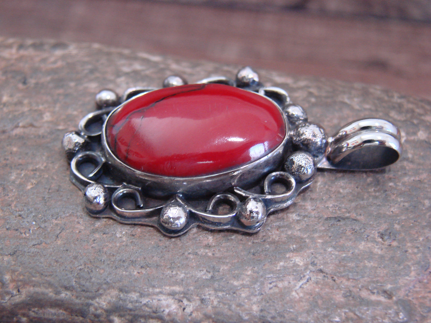 Native American Nickel Silver & Red Howlite Pendant - Cleveland