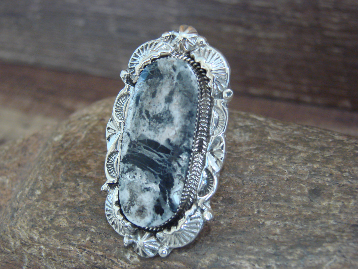 Native American Sterling Silver & White Buffalo Turquoise Ring - Delgarito- Size 6