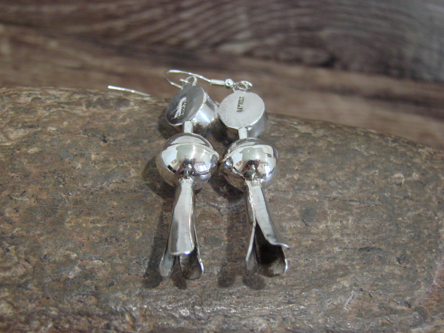 Native American Sterling Silver Turquoise Squash Blossom Dangle Earrings - Tsosie