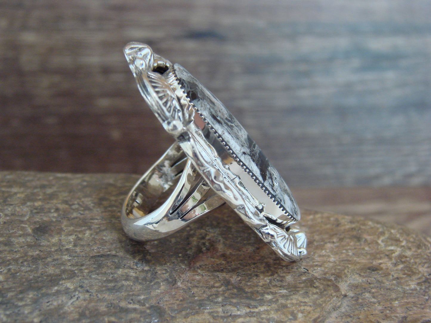 Native American Sterling Silver & White Buffalo Turquoise Ring - Delgarito- Size 6