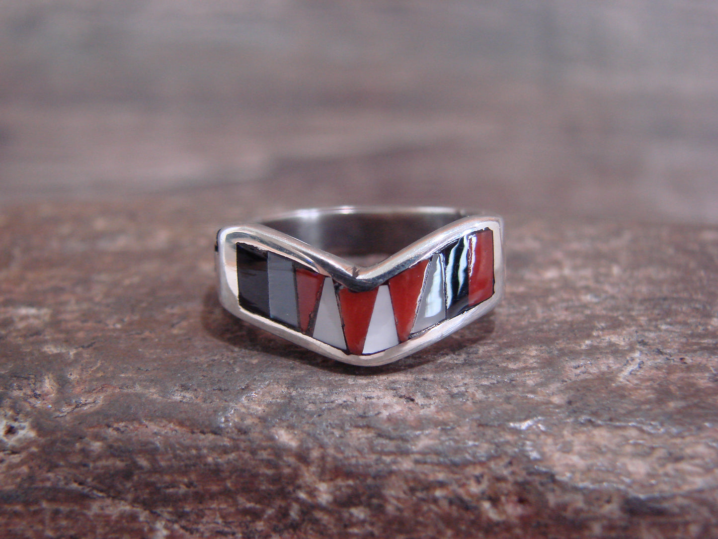 Native American Sterling Silver & Multi Stone Inlay Ring by Leekity - Size 6.5