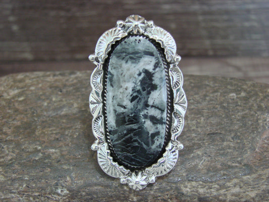 Native American Sterling Silver & White Buffalo Turquoise Ring - Delgarito- Size 6.5