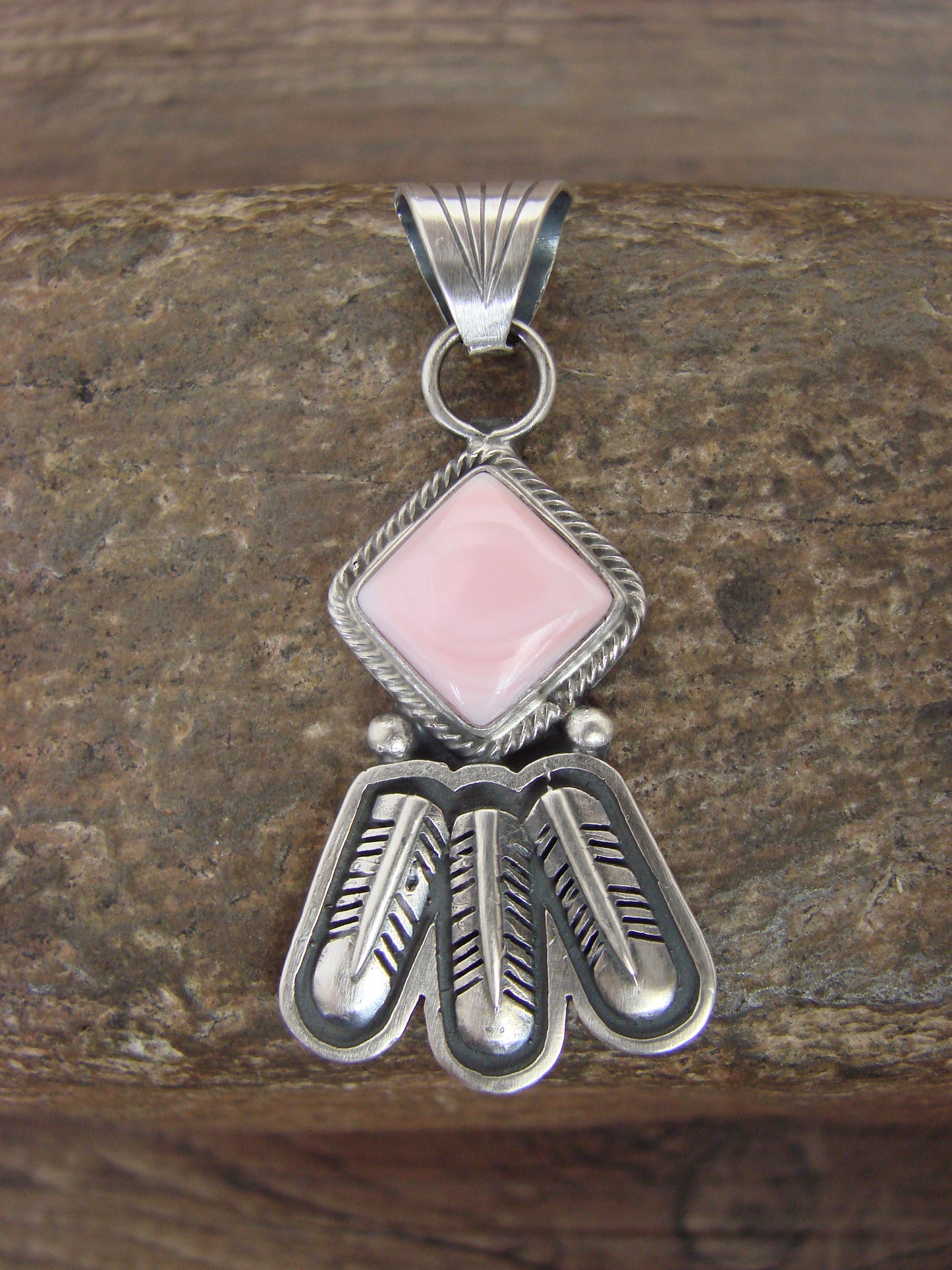 Native American Sterling Silver & Pink Conch Shell Feather Pendant by McCarthy
