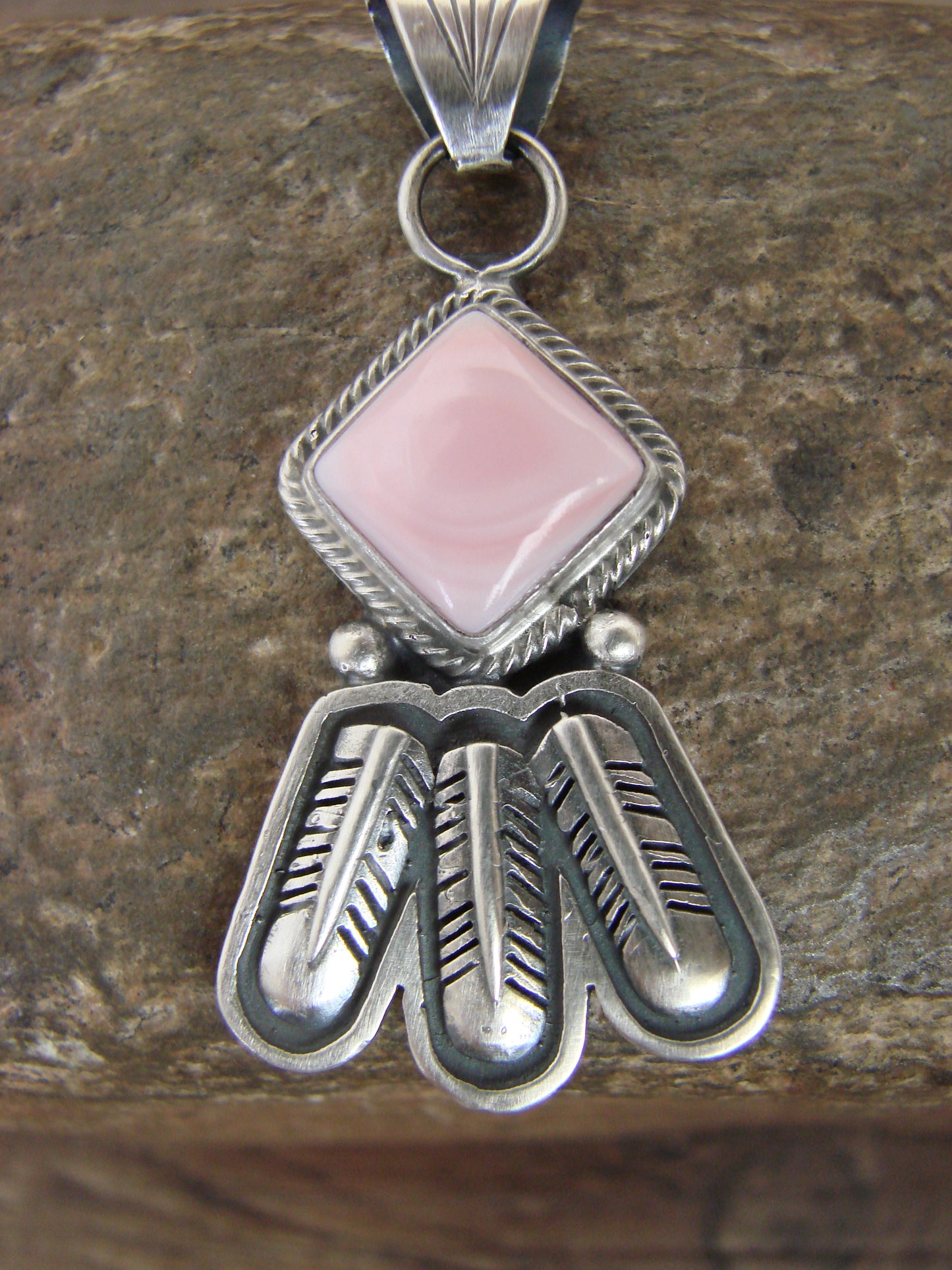 Native American Sterling Silver & Pink Conch Shell Feather Pendant by McCarthy