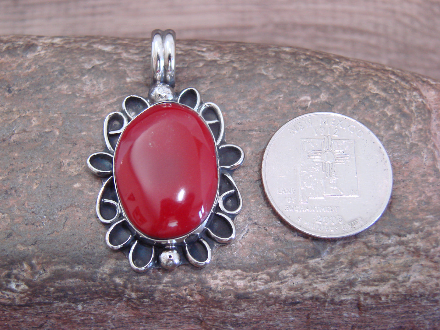 Native American Nickel Silver & Red Howlite Pendant - Cleveland