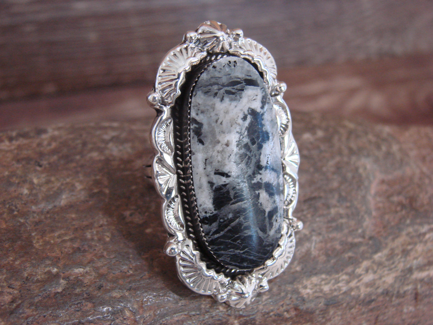 Native American Sterling Silver & White Buffalo Turquoise Ring - Delgarito- Size 6.5