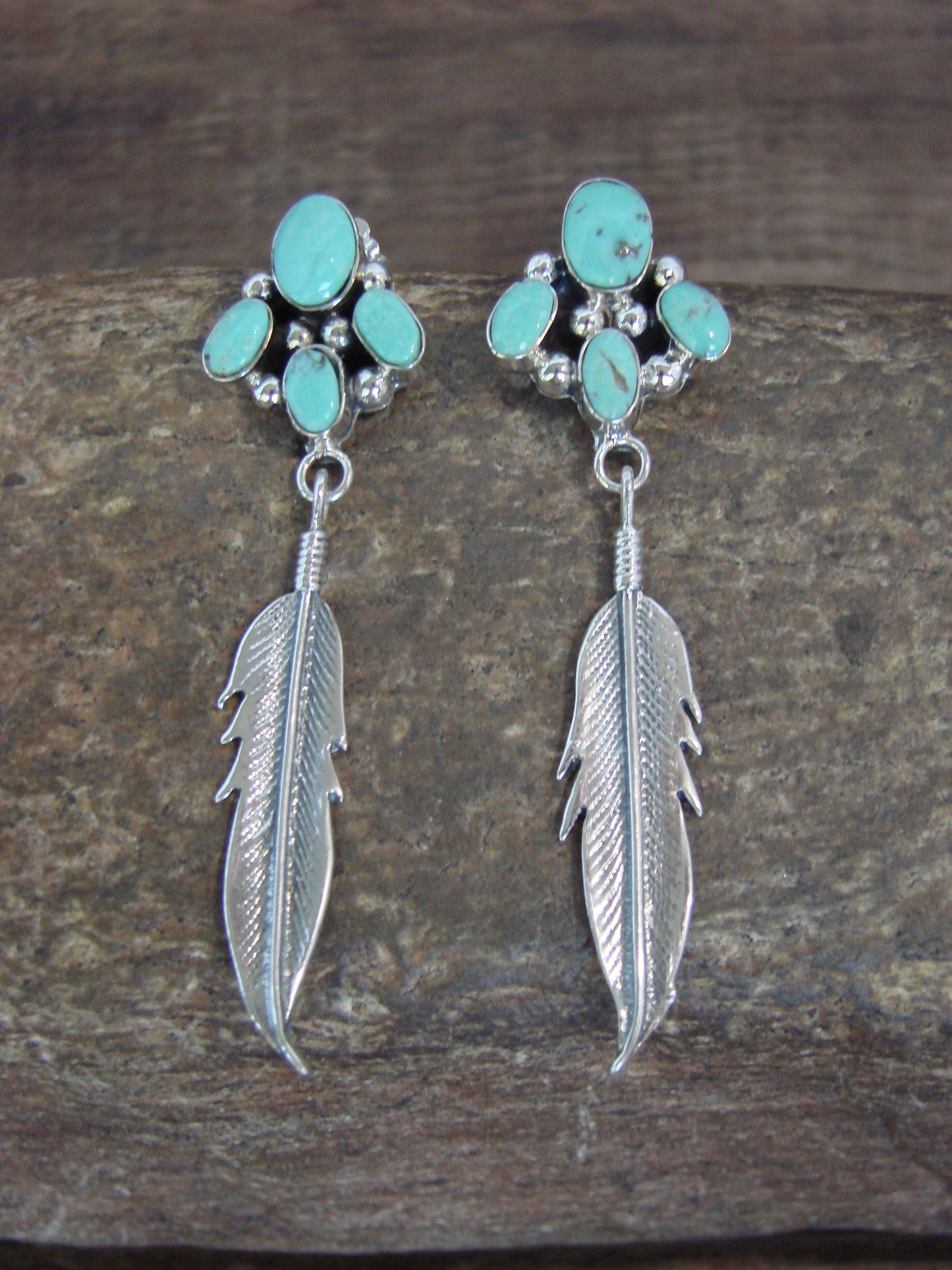 Native American Sterling Silver & Turquoise Cluster Post Feather Earrings by Lewis