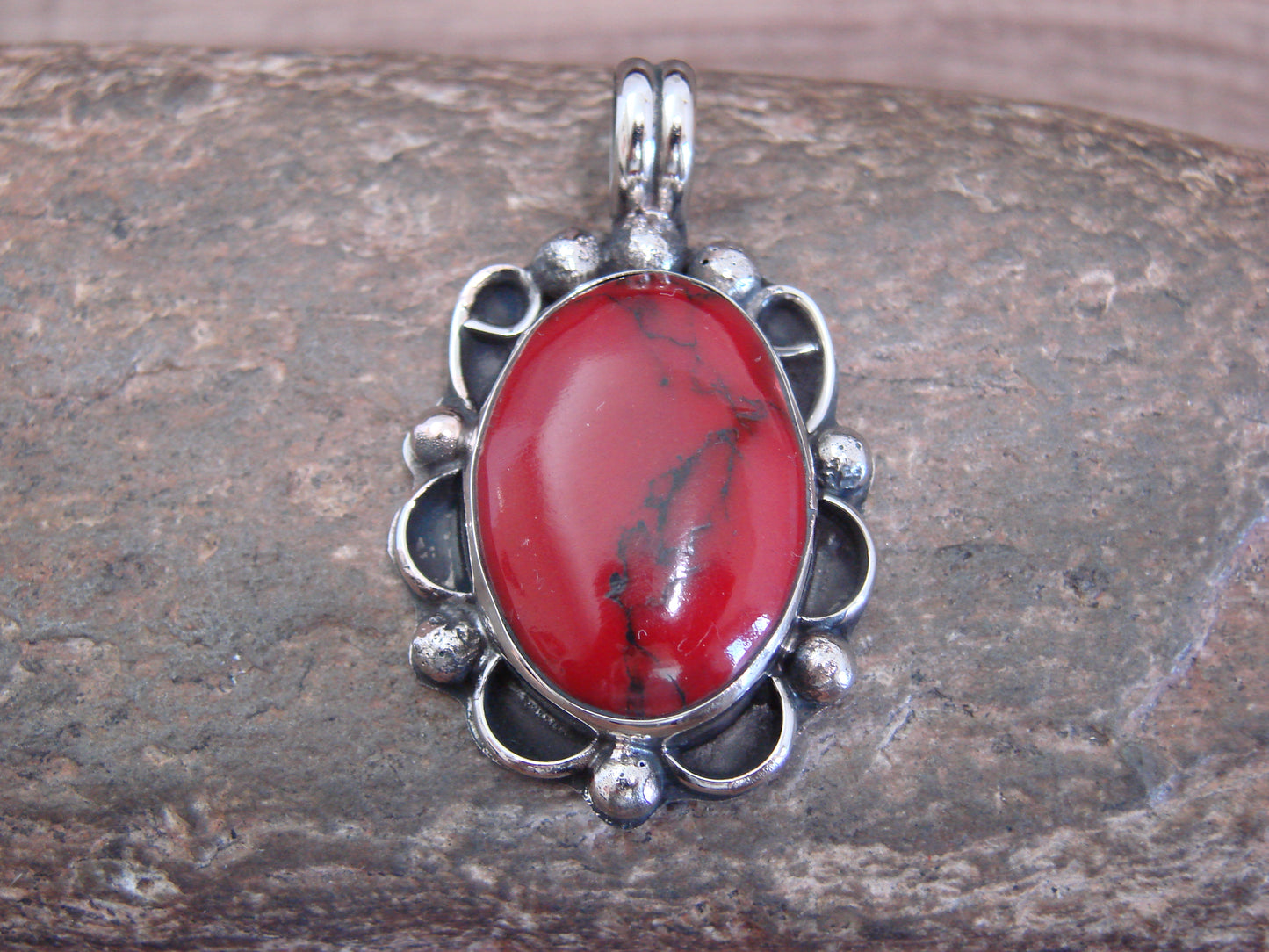 Native American Nickel Silver & Red Howlite Pendant - Cleveland