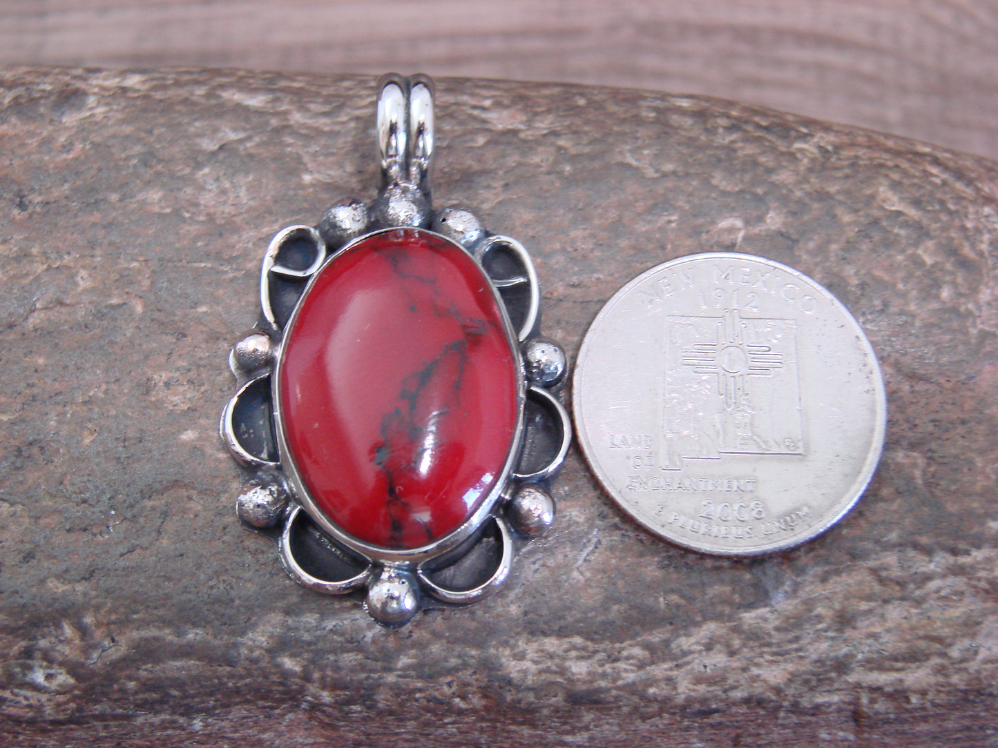 Native American Nickel Silver & Red Howlite Pendant - Cleveland