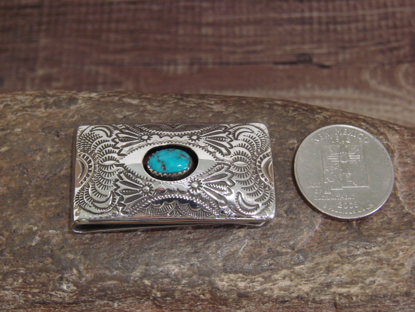 Native American Sterling Silver & Turquoise Money Clip - Skeets