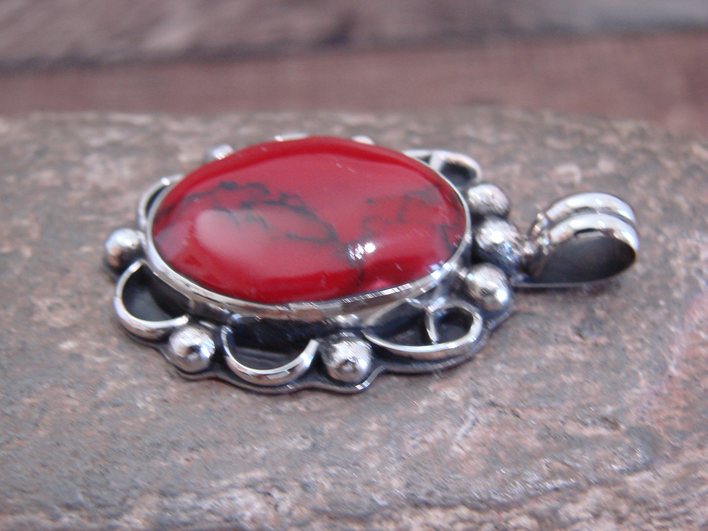 Native American Nickel Silver & Red Howlite Pendant - Cleveland