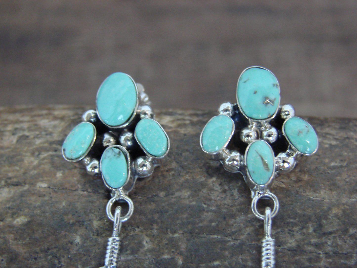 Native American Sterling Silver & Turquoise Cluster Post Feather Earrings by Lewis