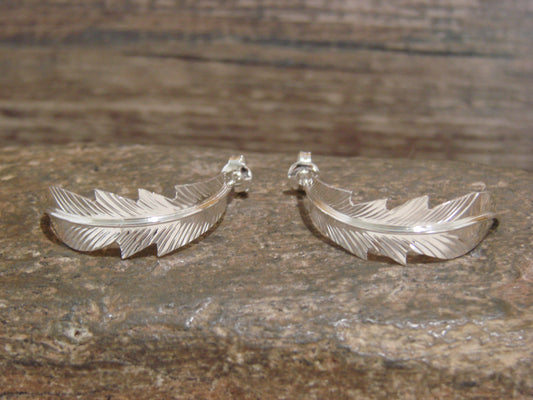 Native American Sterling Silver Feather Hoop Post Earrings Signed Barney