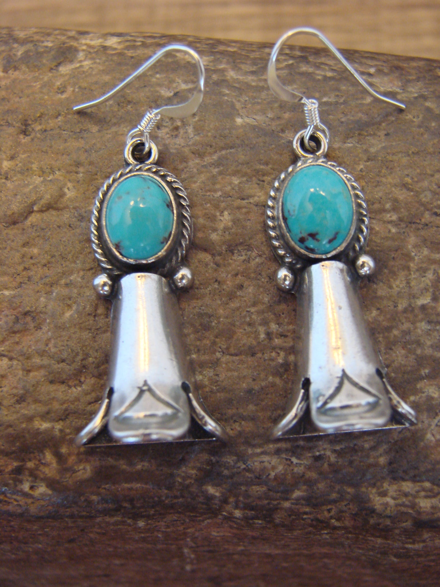 Native American Sterling Silver Turquoise Squash Blossom Dangle Earrings - McCarthy