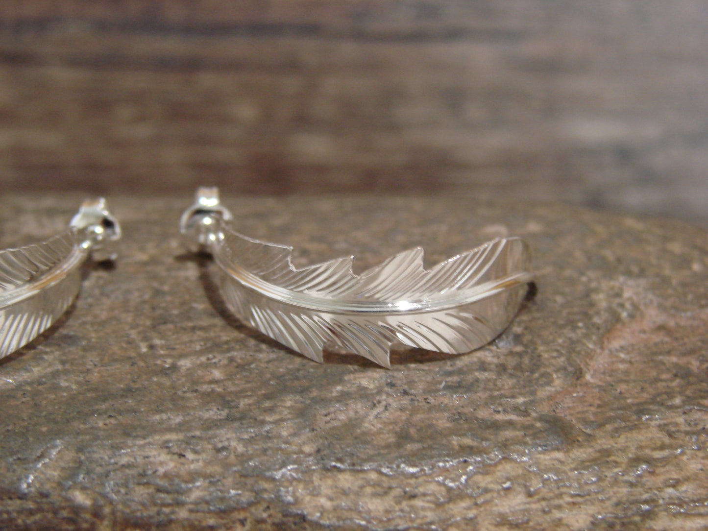 Native American Sterling Silver Feather Hoop Post Earrings Signed Barney