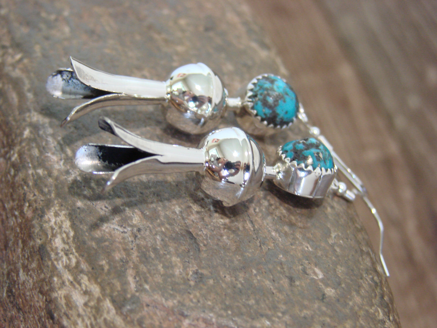 Native American Sterling Silver Turquoise Squash Blossom Dangle Earrings - Tsosie