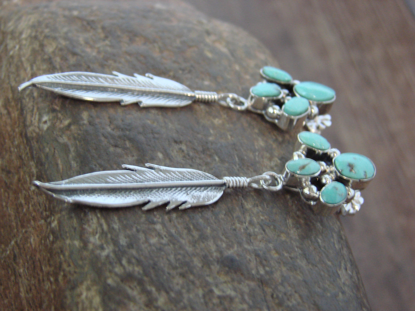 Native American Sterling Silver & Turquoise Cluster Post Feather Earrings by Lewis