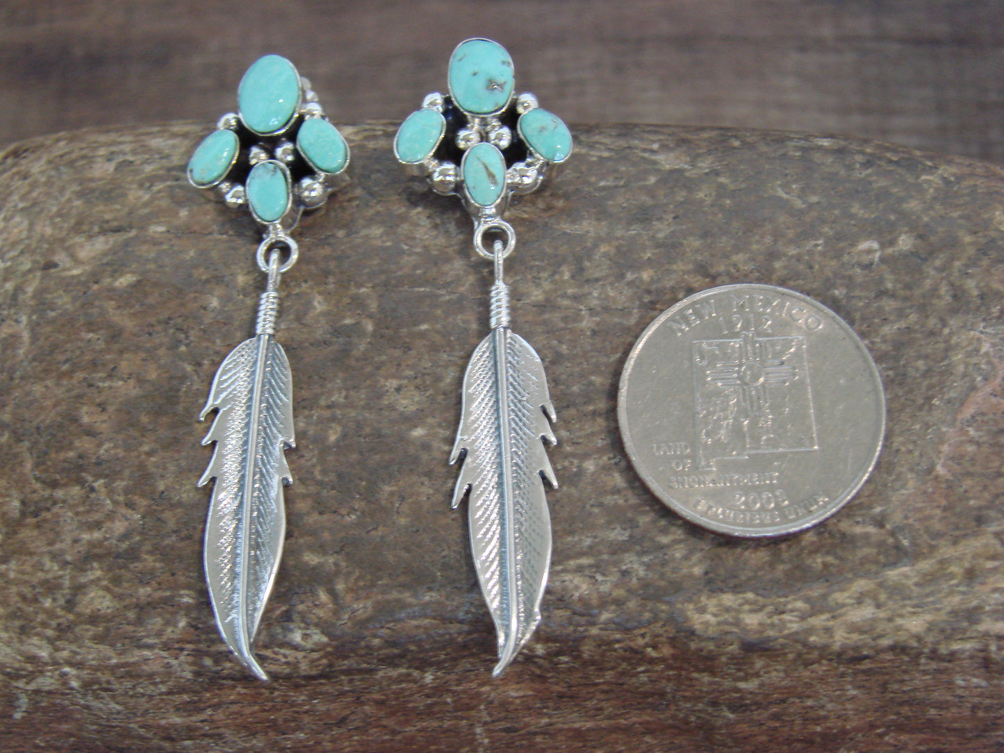 Native American Sterling Silver & Turquoise Cluster Post Feather Earrings by Lewis