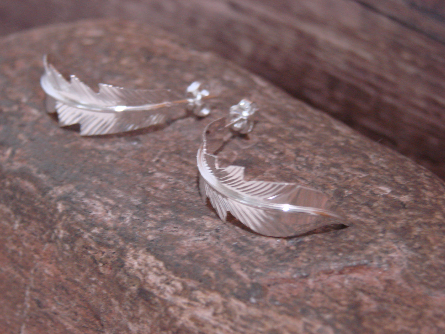 Native American Sterling Silver Feather Hoop Post Earrings Signed Barney