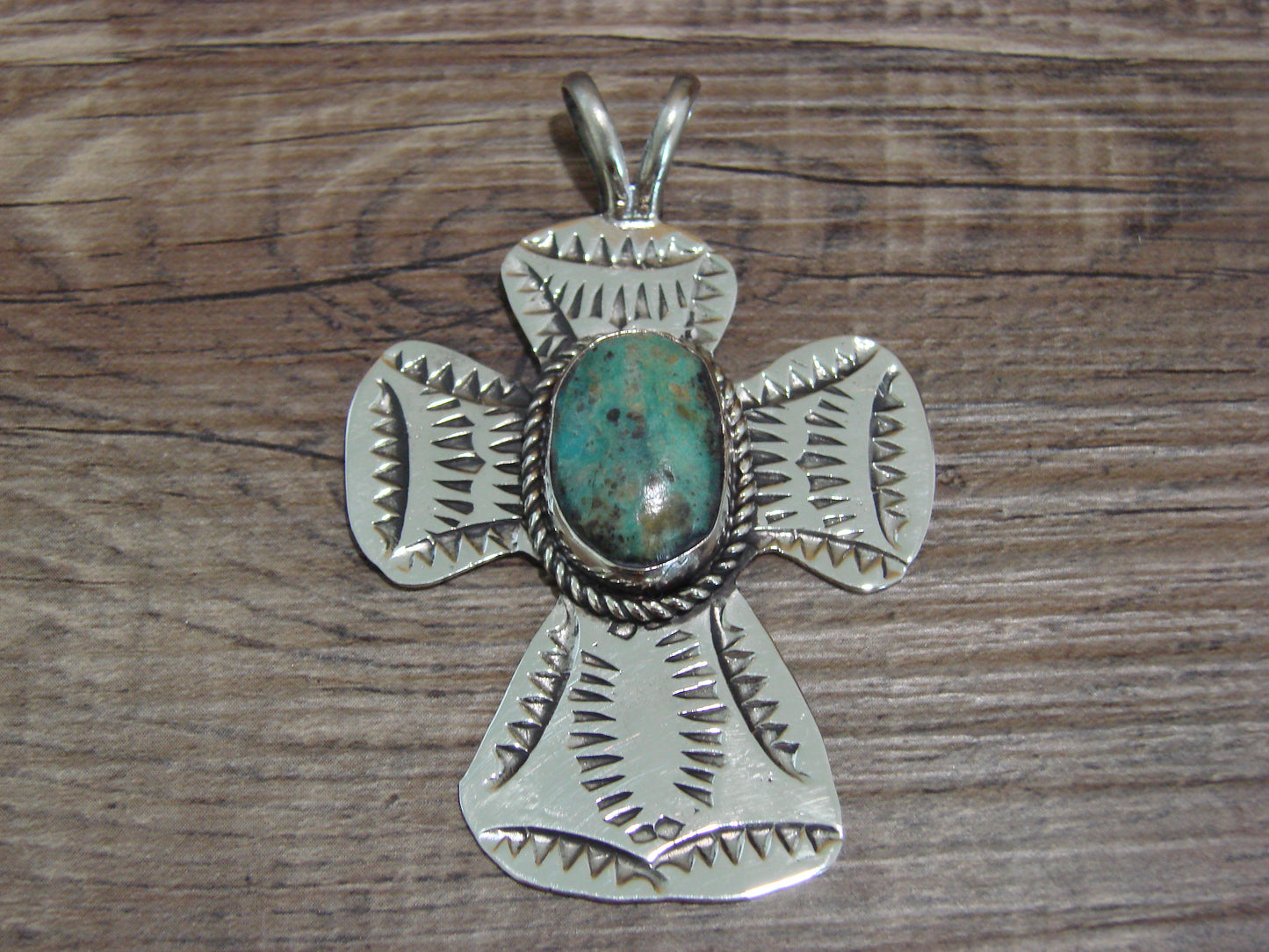 Navajo Indian Nickel Silver & Turquoise Cross Pendant - Cleveland