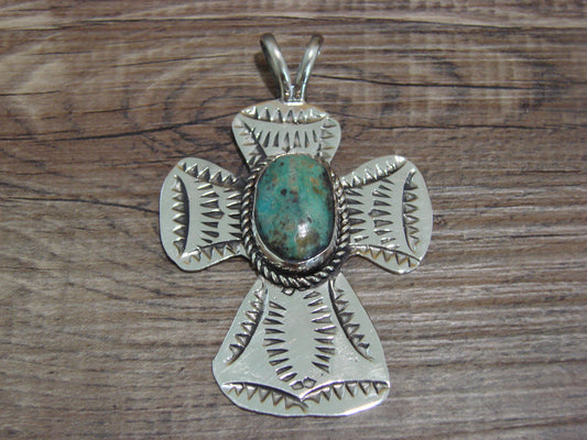 Navajo Indian Nickel Silver & Turquoise Cross Pendant - Cleveland