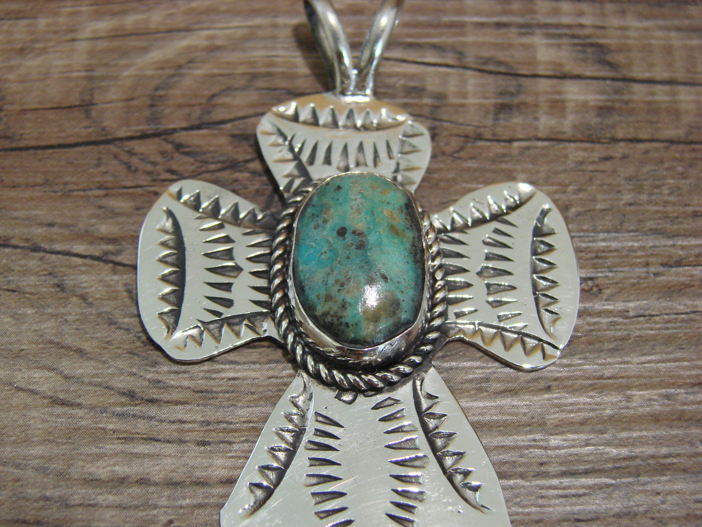 Navajo Indian Nickel Silver & Turquoise Cross Pendant - Cleveland