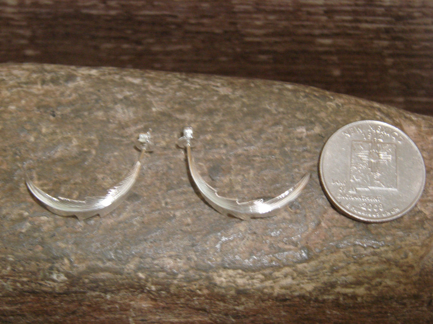 Native American Sterling Silver Feather Hoop Post Earrings Signed Barney