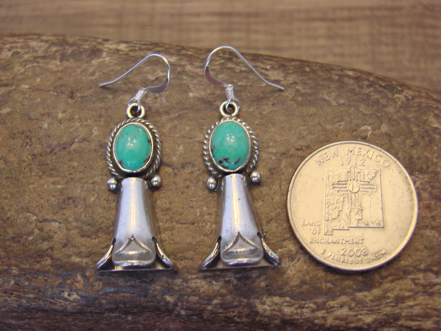 Native American Sterling Silver Turquoise Squash Blossom Dangle Earrings - McCarthy