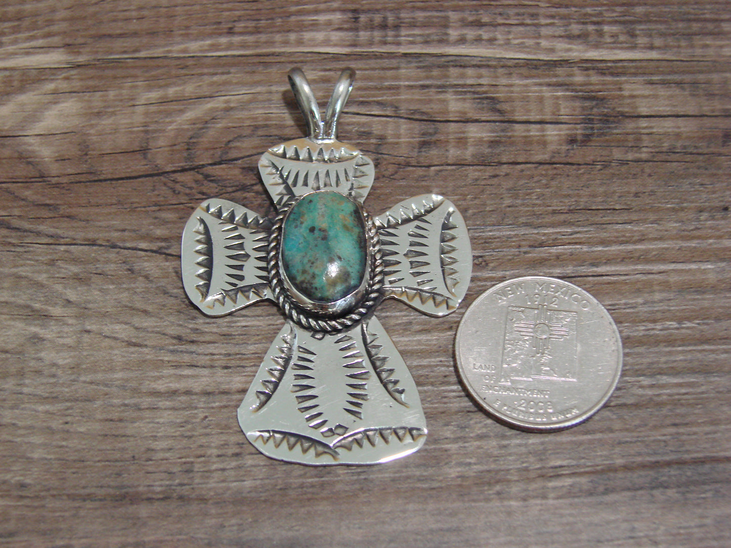 Navajo Indian Nickel Silver & Turquoise Cross Pendant - Cleveland