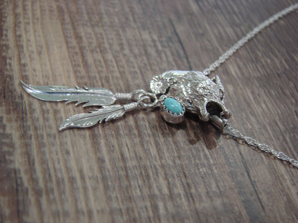 Native American Sterling Silver & Turquoise Wolf Necklace - Francisco