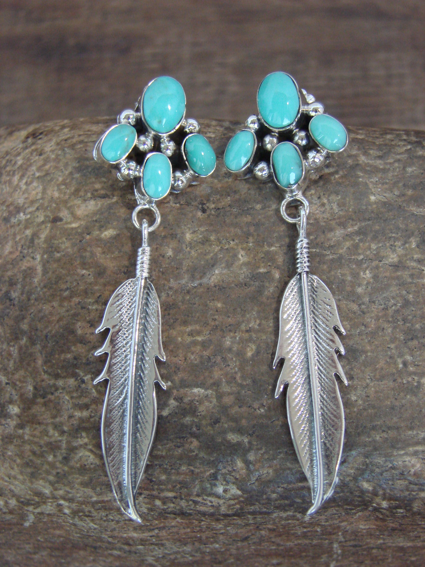 Native American Sterling Silver & Turquoise Cluster Post Feather Earrings by Lewis