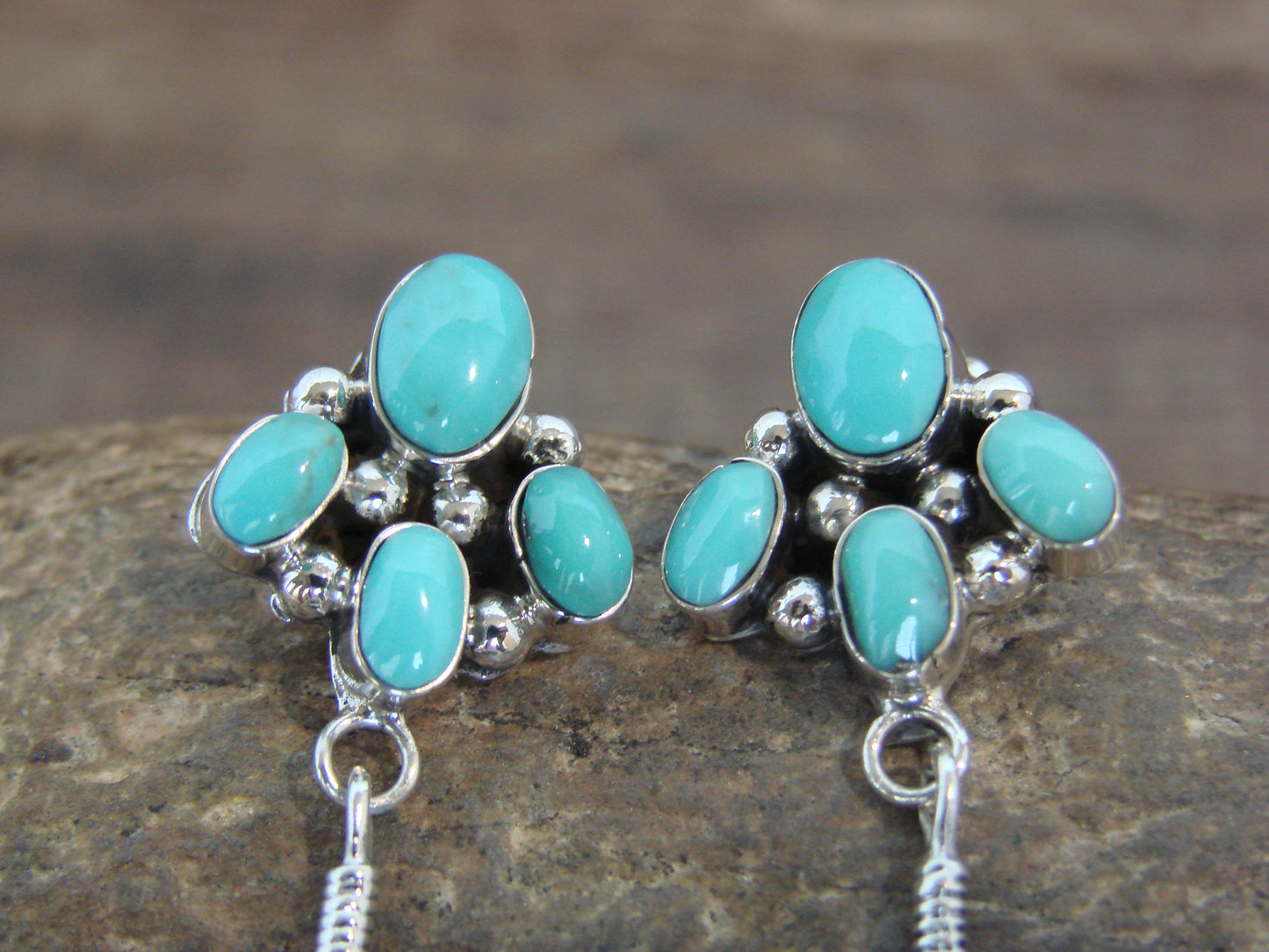 Native American Sterling Silver & Turquoise Cluster Post Feather Earrings by Lewis