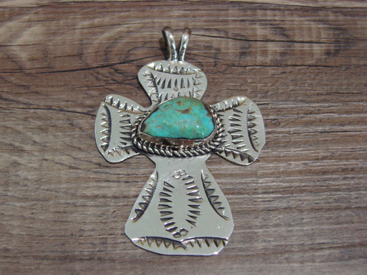 Navajo Indian Nickel Silver & Turquoise Cross Pendant - Cleveland
