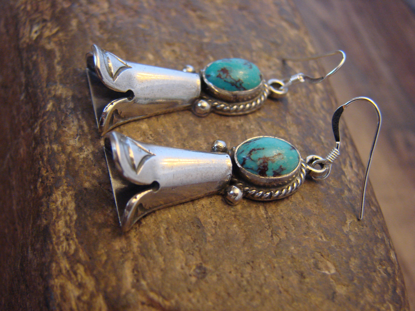 Native American Sterling Silver Turquoise Squash Blossom Dangle Earrings - McCarthy