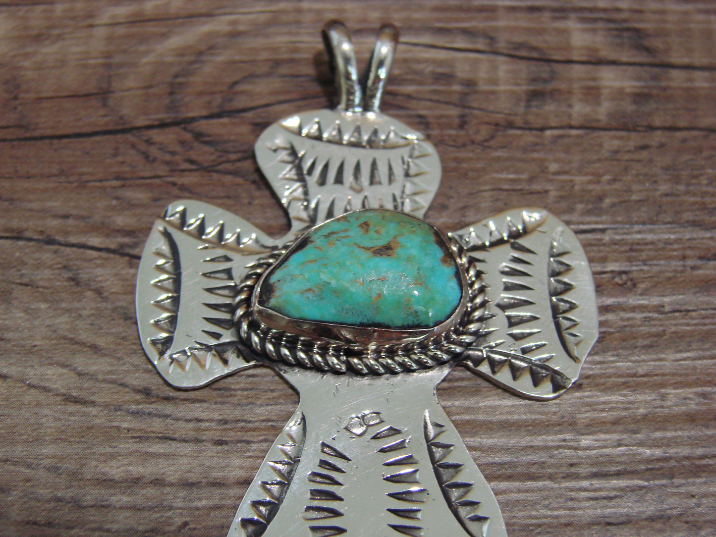 Navajo Indian Nickel Silver & Turquoise Cross Pendant - Cleveland