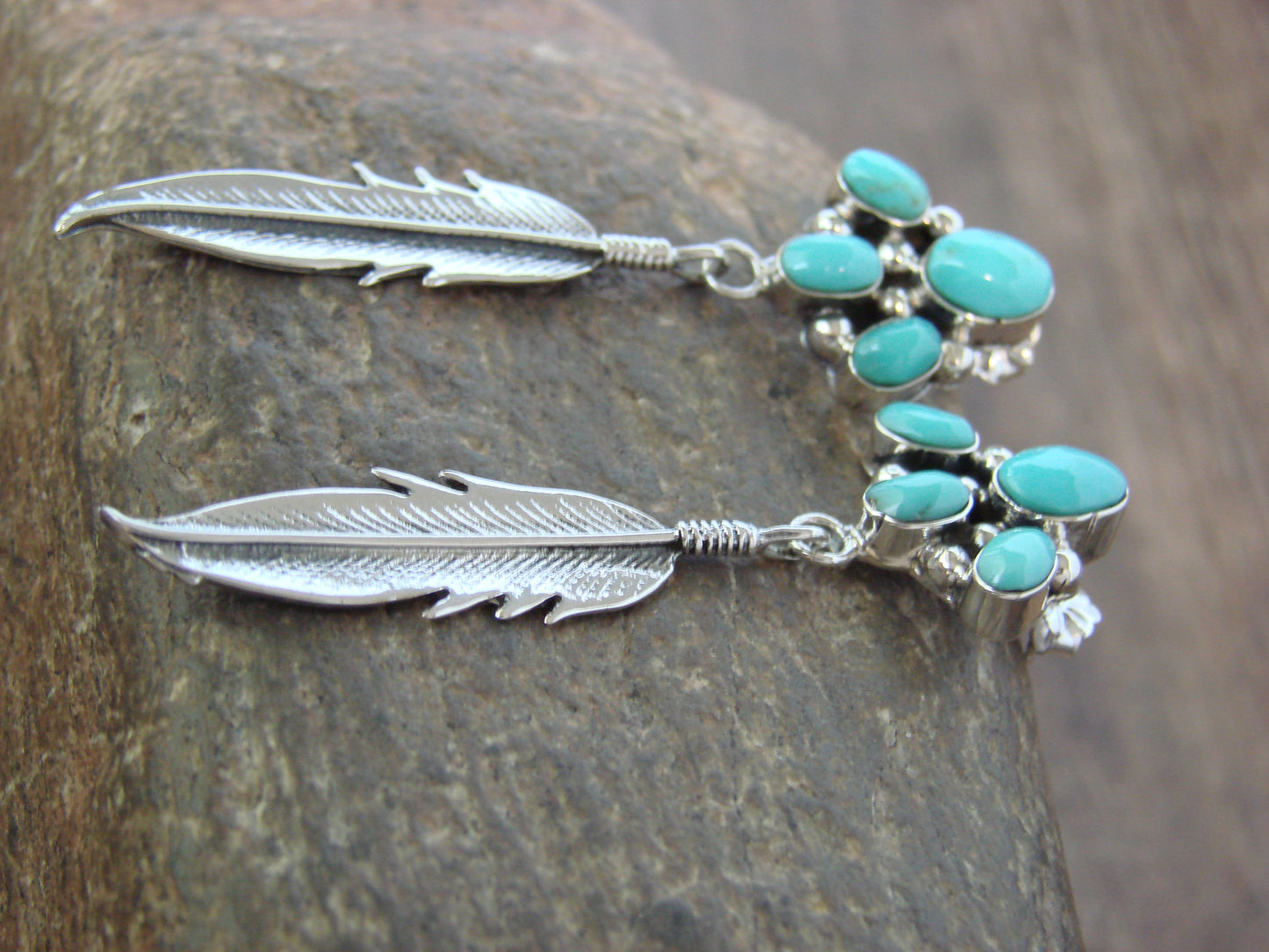 Native American Sterling Silver & Turquoise Cluster Post Feather Earrings by Lewis