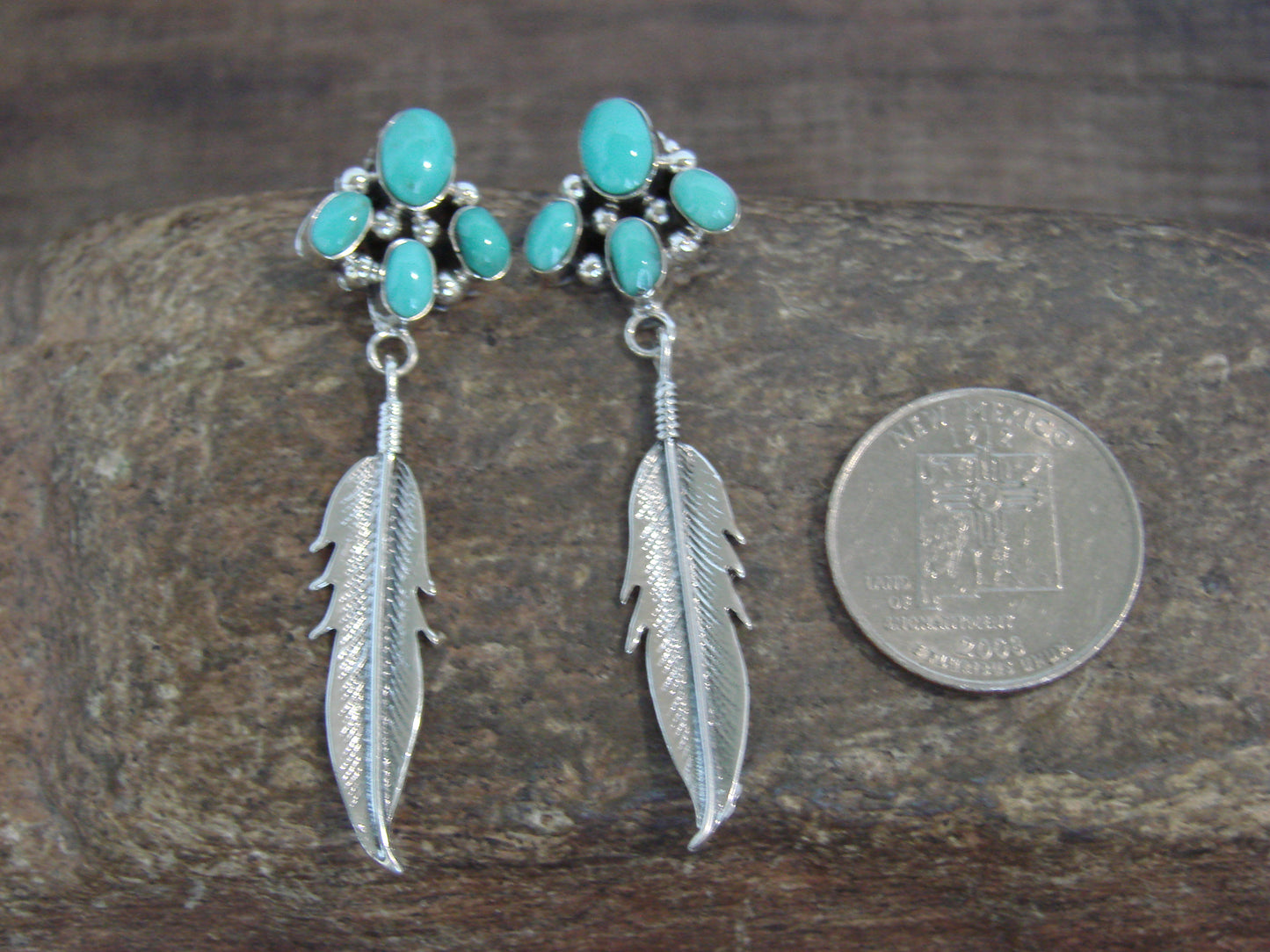 Native American Sterling Silver & Turquoise Cluster Post Feather Earrings by Lewis