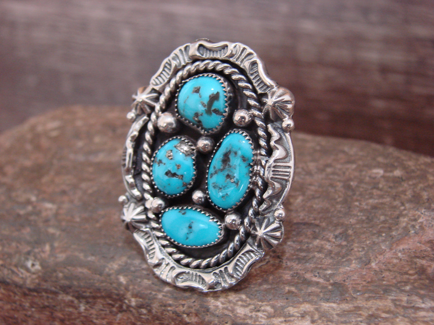 Native American Sterling Silver & Turquoise Cluster Ring by Becenti - Size 6.5