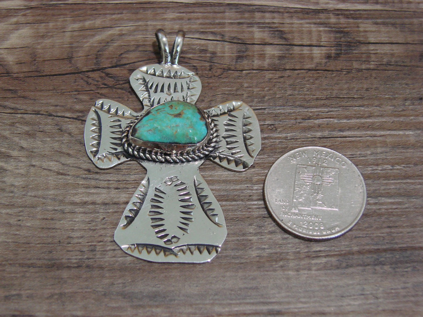 Navajo Indian Nickel Silver & Turquoise Cross Pendant - Cleveland